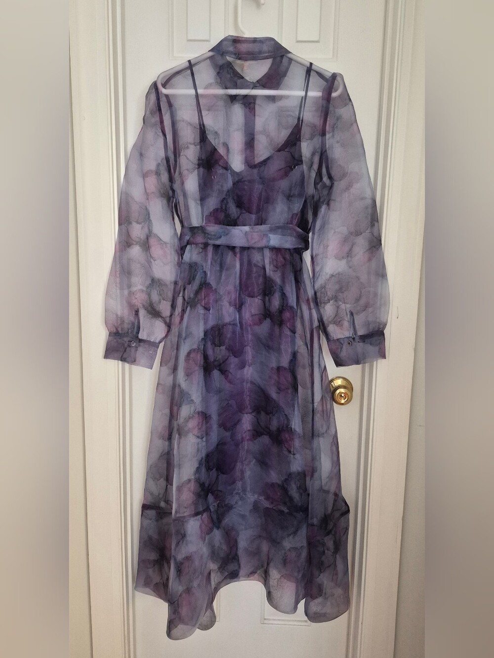 MELLODAY Long Sleeve Chiffon Dress- Navy/Purple Floral - SizeL - Picture 6 of 12